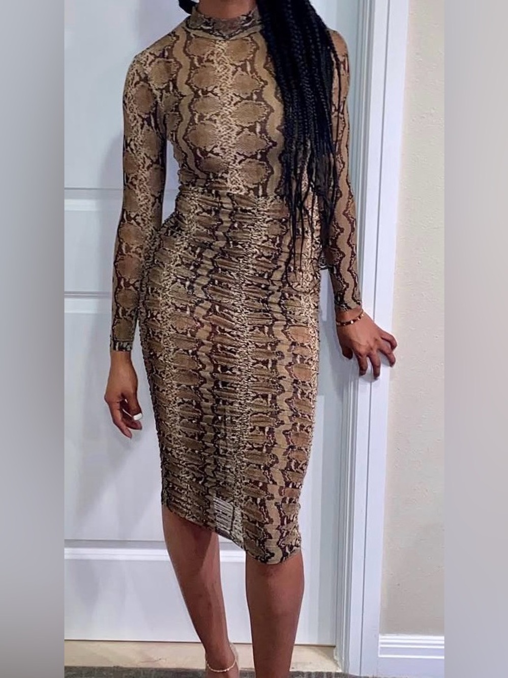 JLUXLABEL Brown Snake-Print Long Sleeve Bodycon Dress
